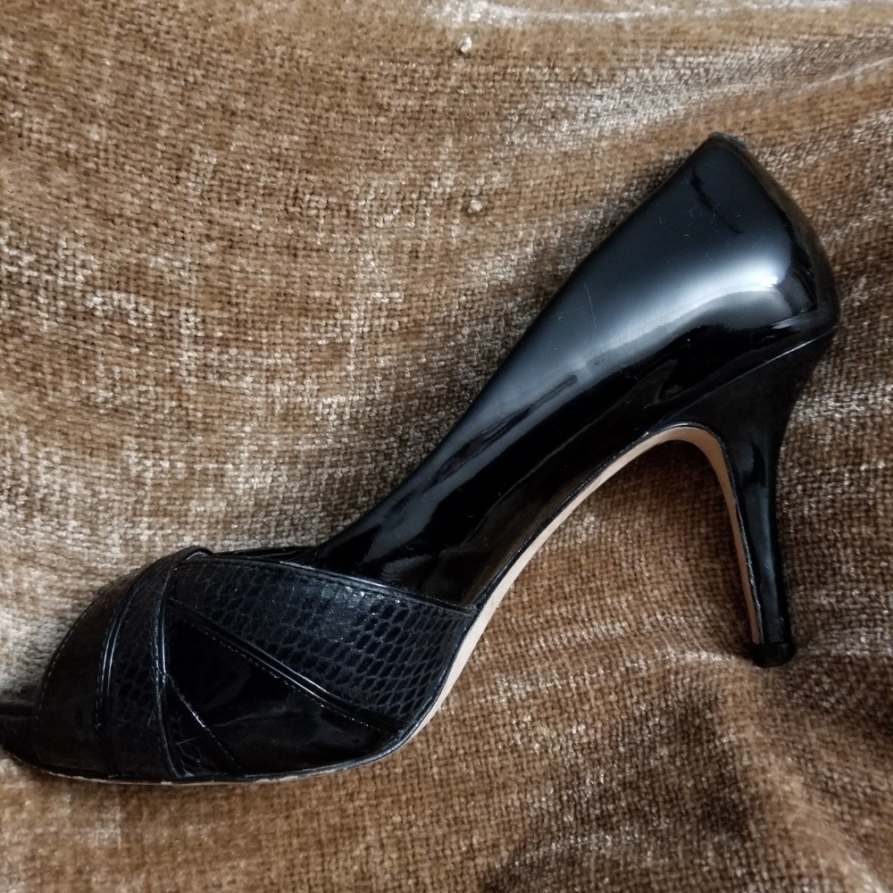 WHBM Peep toe platform pumps.